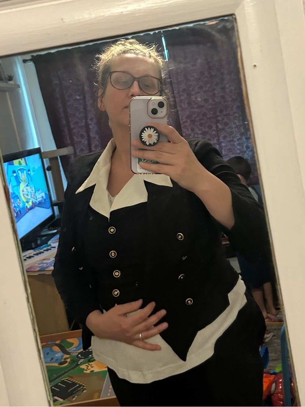 Vintage Black Double-Breasted Women's Jacket with White Trim